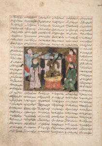 Gordiyeh råder sin bror Bahram Chubineh til ikke at stræbe efter den persiske trone, ca. 1330 (ugennemsigtigt wc, guld og blæk på papir) af Persian School