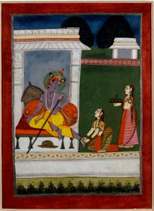 Hinduisme: "" Krishna hviler""" En næste måtter hans fødder. Persisk miniature af den indiske skole i det 17. århundrede. Rennes, Museum of Fine Arts af Persian School