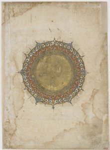 Oplyst medaljon med to dekorative kanter, folio fra en uidentificeret tekst, Iran, 13.-14. århundrede (ugennemsigtig akvarel og guld på papir) af Persian School