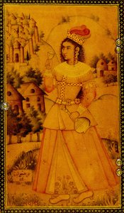 Interiør af en spejlkasse malet med en stiliseret europæisk dame, der holder en vinkop og en flaske, 1600-tallet af Persian School