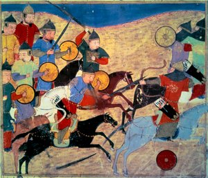 Læk af Noqai (Kara Nogai Khan (Noghai, Noqai, Nokhai, Nogay, oldebarn af Djengis Khan, død 1299). Mongolske ryttere. Persisk manuskript malet "" Sum of Stories (Djame al-tavarikh) (Djame al-tavarikh)" ” (Folio 155v), skrevet af Rachid al-Din Fazl af Persian School