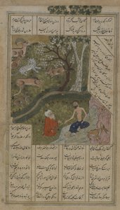 Majnun besøgt i ørkenen af Shaykh Salim, folio fra en Layla u-Majnun af Nizami (d.1209) 1475-1500 (ugennemsigtig akvarel, blæk og guld på papir) af Persian School