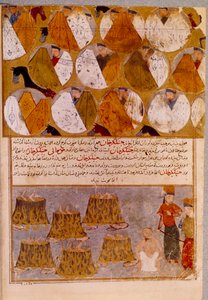 Mongolske telte og fanger af Djengis Khan (1162-1227): Djengis Khan får tilhængere af Djamuqua, en mongol fra Jadjirat-stammen, kastet i kedlerne. Persisk miniature taget fra "" Jami al-tawarikh"" (Jami al tawarikh) eller "" Universal History"" af Persian School