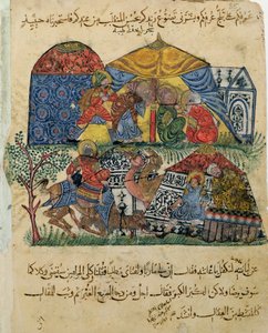 Ms C-23 f.43b, En gammel mand og en ung mand foran de rige pilgrimmes telte, fra 