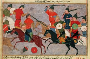 Ms Pers.113 f.49 Genghis Khan (ca. 1162-1227) i Battle, fra en bog af Rashid-al-Din (1247-1318) (gouache)