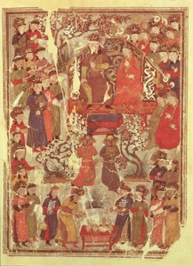 Ms. Supp. Pers. 1113 f.126v Djengis Khan og hans kone Bortei tronet foran hoffolk, folio fra en bog kaldet Jami al Tawarikh (Universal History) af Rashid ad-Din (1247-1318) af Persian School