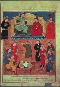 Fru Support. Kæledyr. 1113 fol.203v Arhaan Khan med to af sine hustruer og sin søn Ghazan, fra en bog af Rashid ad-Din (1247-1318) af Persian School