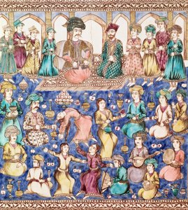 Musikere og dansere ved Nasser al-Din Shah Qajars hof (1831-96) (keramik) af Persian School