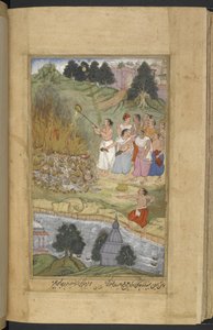 Or.12076 f.130v Arjuna brænder ligene efter slaget mellem Andhakaerne og Yadavaerne ved Prabhasa på Gujarats kyst. Ghee bliver hældt på begravelsesbålet (Narayan) fra Razmnāmah (