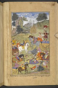 Or.12076 f.23v Guden Agni, der skabte ilden for at hjælpe sin svigerfar Raja Niladhvaja fra Malwa, mens Arjuna slukker flammerne med magiske pile, som frembragte vandkilder (Ahmad Kashmiri) fra 