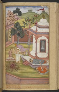 Or.12076 f.90v Candrahasa, der ofrer sig selv ved Candikas tempel ved at skære stykker af sit eget kød af og sætte dem på ilden (Qabil ibn Maqbul) fra 