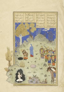 Persisk 239 fol.180a Rustam redder B?zhan fra graven, illustration fra Shahnama (Kongenes Bog), af Abul-Qasim Mansur Firdawsi (ca.934-c.1020), 1444 af Persian School
