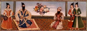 Den persiske kong Fath Ali Shah (1771-1834) omgiver medlemmer af sit hof Maleri af Shiraz-skolen (Shiraz) (1800-tallet) Teheran, Foroughi-samlingen af Persian School