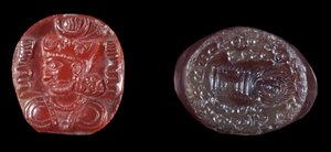 Persisk kunst: Kamee af Kavadh I (eller Qobad, Kobad, Kabad) (488-496 e.Kr.) konge af det andet persiske imperium og agatstempel fra sassanidperioden. 5. eller 6. århundrede e.Kr. Paris, B.N. af Persian School