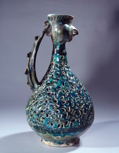 Persisk kunst: keramisk akvamarin med hanehoved og dekorationer inspireret af Waq Waq-træet. Fra Kashan. Paris fra det 13. århundrede, Louvre-museet af Persian School