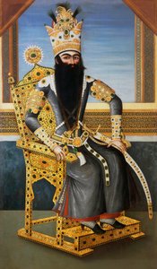 Portræt af Fath Ali Shah (1762-1834), ca 1805, konge af Persien fra 1797 til 1834, ukendt kunstner, olie på lærred af Persian School