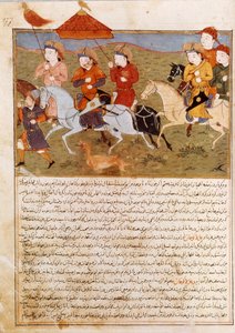 Repræsentation af Houlagou Khan, barnebarn af Genghis Khan ridning. Persisk miniature taget fra Jami al-Tawarikh" (Jami al tawarikh) eller "" Universal History"" af historikeren Rashid al-din (al din) (1247-1318) Omkring 1430. Paris, B.N. af Persian School