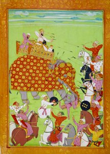 Repræsentation af Murad (Mourad) Baksh (1624-1661), søn af Mughal-kejser Shah Jehan (eller Shah Jehan, Shahjehan), der kæmper på en elefant. Persisk miniature af det 17. århundredes Paris, B.N. af Persian School