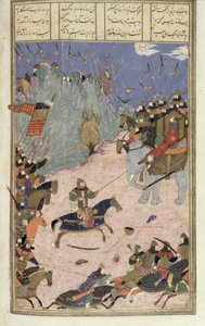 Rustam trækker Khaqan fra sin elefant, illustration fra Shahnama (Kongenes Bog), af Abul-Qasim Manur Firdawsi (c.934-c.1020) c.1440-45 (pen, blæk & wc på vellum) af Persian School