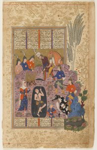 Rustam redder Bijan fra graven fra en Shahnama af Persian School