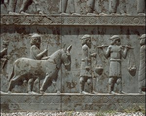 Underdanige folk bringer gaver til Darius I. Relieffer af den østlige trappe i Apadana, 6. århundrede f.Kr. af Persian School