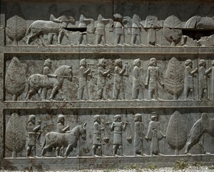Underdanige folk tilbyder gaver til Darius I. Relieffer af den østlige trappe af Apadana, 6. århundrede f.Kr. af Persian School