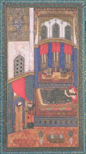 Tahmina Comes into Rustams Chamber, illustration fra Shahnama (Kongernes Bog), af Abul-Qasim Manur Firdawsi (ca.934-c.1020), fra Herat, Afghanistan, ca.1410 (ugennemsigtig wc og guld på papir) af Persian School