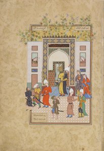 Det spæde vidne vidner om Yusufs uskyld, folio fra en Haft awrang (Syv troner) af Jami (d.1492) sandsynligvis Mashad, Khurasan, Iran, Safavid-dynastiet, 1556-1565 (blæk, uigennemsigtig akvarel og gol)