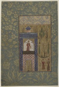 To unge foran en prinsesse ved et vindue, ca. 1417-18 (ugennemsigtig akvarel og guld på papir) af Persian School
