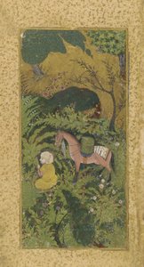 Ventende brudgom med hest i skovklædt lund, sandsynligvis Tabriz, turkomansk dynasti, ca. 1500 (ugennemsigtig akvarel og guld på papir) af Persian School