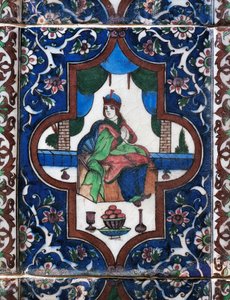 Kvinde siddende, malede keramiske fliser, persisk civilisation af Persian School