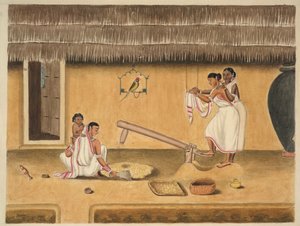 Kvinder afskaller uafskallet med en dhenki, ca. 1840 (akvarel på papir) af Persian School