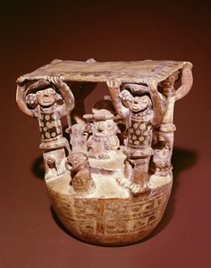 Guddom på tronen med baldakin støttet af hoffolk, Recuay Culture (keramik) af Peruvian School