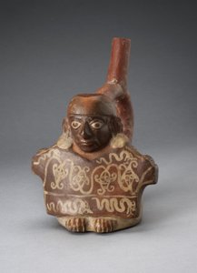 Stigbøjle tudbeholder forestillende mand holder dekoreret tekstil, 100 BC-AD 500 af Peruvian School