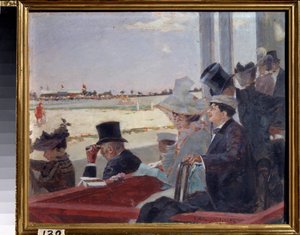 Hestevæddeløb (hestevæddeløb). Tilskuere, der sidder på tribunen, ser på ridekonkurrencen. Maleri af Pyotr Alexandrovich Nilus (Pierre Nilous) (Nilouss) (1869-1940/1943), olie på træ
