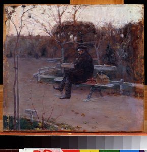 På Boulevarden (På Boulevarden). En mand alene, der sidder på en bænk i kulden, tæt på ham, en rygsæk og en værktøjskasse. Maleri af Pyotr Alexandrovich Nilus (Pierre Nilous) (Nilouss) (1869-1940/1943), olie på lærred