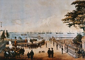 Commodore Perry lander i Japan for at møde de kejserlige kommissærer i Yokohama, 8. marts 1854