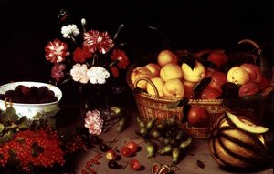 Stilleben af blomster og frugt
