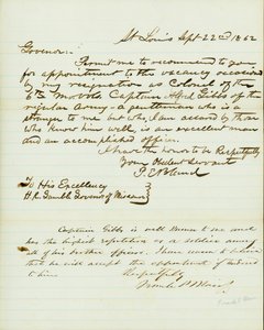 Brev signeret P.E. Bland, St. Louis, til H.R. Gamble, guvernør i Missouri, 22. september 1862 af Peter E. Bland
