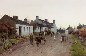 En walisisk landsby – aften, omkring 1890-1910 (akvarel og gouache) af Peter Ghent
