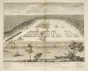 A View of Savannah, som den stod den 29. marts 1734, indgraveret af P. Fourdrinier, London, ca. 1735 (gravering) af Peter Gordon