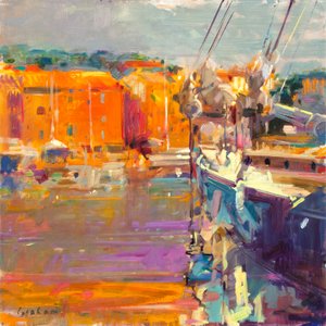 Kaj ved Saint-Tropez, 2021 (olie på lærred) af Peter Graham (Contemporary)