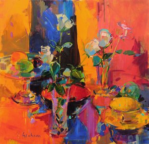 Stilleben bord med roser og frugt af Peter Graham (Contemporary)