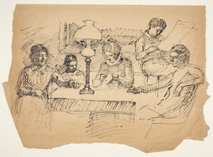 Kunstnerens familie siddende omkring et bord med en petroleumslampe af Peter Hansen