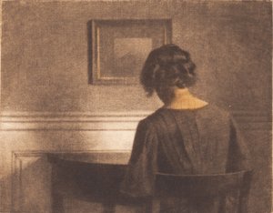 Ung pige ved et halvcirkelformet bord af Peter Vilhelm Ilsted