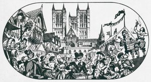 En messe finder sted i en gade foran Lincoln Cathedral (litografi)