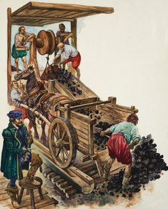En tæller noterer, hvor mange læs kul der forlader minen, mens en minearbejder fylder en vogn, og andre hejser mere op til overfladen (gouache på papir) af Peter Jackson