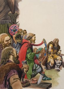 Alfred (849-899) forklædt som spillemand i kong Guthrums lejr (gouache på papir) af Peter Jackson