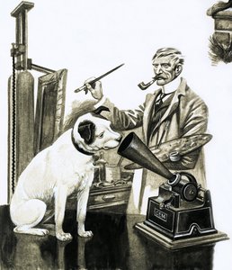 Kunstner maler hunden og lytter til en grammofon af Peter Jackson