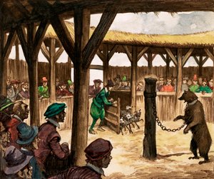 Ved bjørnegraven jublede folkemængderne, da hundene blev lukket ind for at angribe lænkede bjørne (gouache på papir) af Peter Jackson
